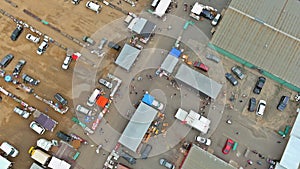 Roof top multiple colour flea markets aerial view in Englishtown NJ USA