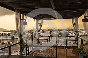 Roof top restaurant with beautiful view to Lake Pichola in the m