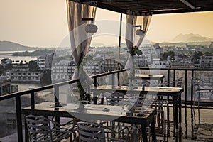 Roof top restaurant with beautiful view to Lake Pichola in the m