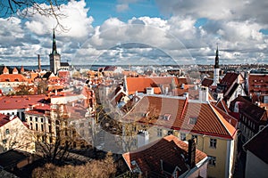 The roof tops of Tallinn city old town and towers of town hall and St Olaf`s church