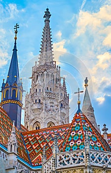 The roof and towers of Matthias Church, Budapest, Hungary