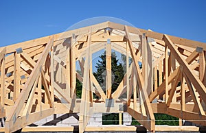 Roof trusses. Roofing Construction House Roof Building.Timber roof truss.