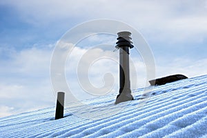 Roof with ventilation pipe and flue terminal in winter