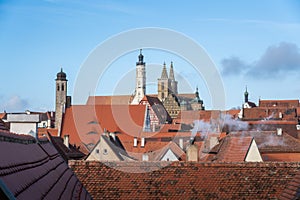 Roof view with St. Johannis Church, St. James Church and Town Hall Towers - Rothenburg ob der Tauber, Bavaria, Germany
