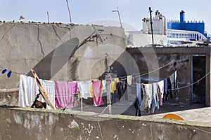 Roof with washing line in the medina of Essaouira