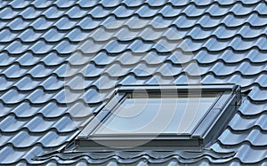 Roof window, grey tiled rooftop, large detailed loft skylight background, diagonal roofing pattern