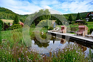 Bathing pond with gangplank, strandkorb, beach chair and blooming flowers in small valley of Black Forest, Germany photo