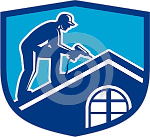 Roofer Construction Worker Working Shield Retro