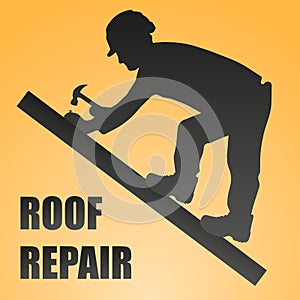 Roofer. The roofer works on the roof. Roof repairman. Repairs a house, builds a structure. Vector illustration