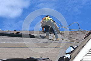 Roofers are laying down black tar paper in the process of shingling a new roof.