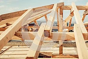 Roofing of building, Construction Details. Wooden Roof Frame at House Construction