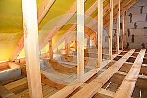 Roofing Construction Attic Interior. Wooden Roof Beams,  Frame House Attic Construction