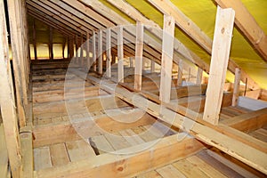 Roofing Construction Interior. Wooden Roof Beams,  Frame House Attic Construction