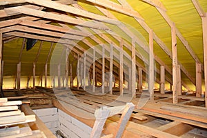 Roofing Construction Interior. Wooden Roof Beams, Wooden Frame, Rafters, Trusses,  House Attic Construction