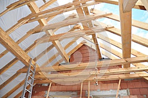 Roofing Construction, Wooden Roof Beams, Rafters, Frame House Attic Construction