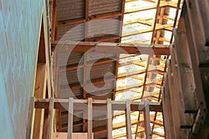 Roofing Construction, Wooden Roof Beams, Rafters, Frame House Attic Construction