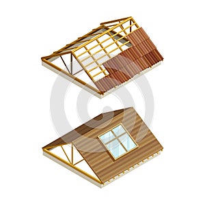 Roofing construction. Wooden roof frame covering with tile vector illustration