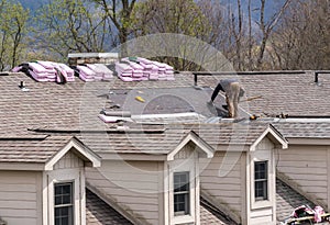 Roofing contractor removing the old shingles from a roof ready for reroofing photo