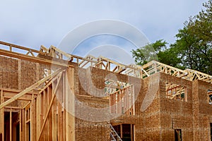 Roofing frame new house residential interior construction wall of attic framing against