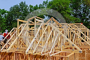 Roofing frame new house residential interior construction wall of attic framing against