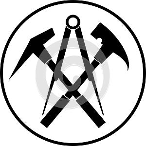 Roofing tools and circle, tools and roofer logo