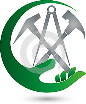 Roofing tools and hand, roofer and profession logo