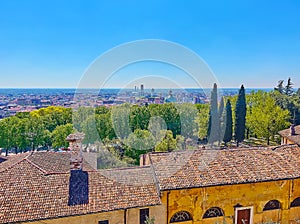 The roofs of Brescia Castle from the hilltop, Italy photo