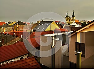 Roofs,buildings, church at sunset in Uherske Hradiste