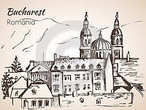 Roofs, buildings, Panoramic street view. Sketch. Bucharest, Romania.