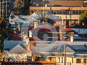 Roofs with the chimney of residential houses in Melbourne`s inner suburb. Footscray, VIC Australia.