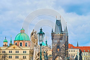 The roofs and domes of Prague from the Charles Bridge, Czech Republic