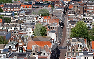 Roofs and facades of Amsterdam. City view from the bell tower of the church Westerkerk, Netherlands.