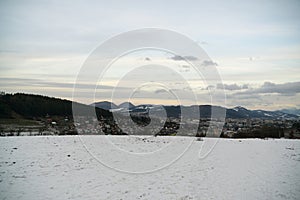 Roofs of houses, trees and fields covered by snow during winter.