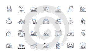 Roofs line icons collection. Shingles, Tiles, Asphalt, Metal, Flat, Pitched, Chimney vector and linear illustration