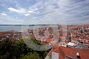 Roofs of Lisbon, Tagus river, bridge and Christ St