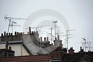 Roofs with many tv antennas in old city