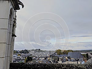 Roofs of medieval European Ambroise town seen from the Chateau of Chaumont sur Loire. Chaumont Castel in Loire Valley, France