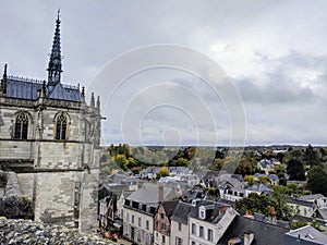 Roofs of medieval European Ambroise town seen from the Chateau of Chaumont sur Loire. Chaumont Castel in Loire Valley, France