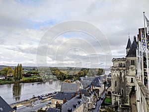 Roofs of medieval European Ambroise town seen from the Chateau of Chaumont sur Loire. Chaumont Castel in Loire Valley, France