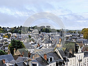 Roofs of medieval European Ambroise town seen from the Chateau of Chaumont sur Loire. Chaumont Castel in Loire Valley, France