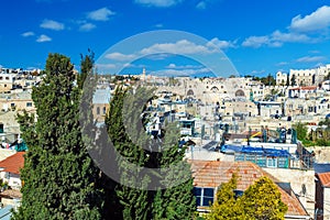 Roofs of Old City with ancient wall gates, Jerusalem