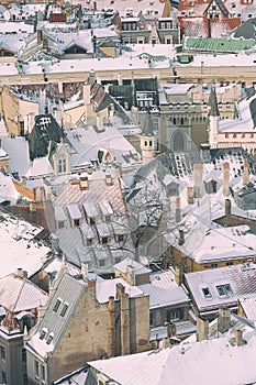 The roofs of the old city of Riga in winter