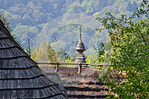 Roofs in open air museum near Bardejovske kupele spa resort during summer