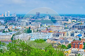 The roofs of Podil and Dnieper River from the Andrew`s Hill, Kyiv, Ukraine