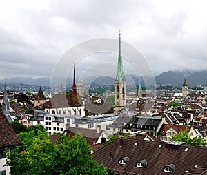 Roofs and spires of rainy Zurich, Switzerland