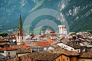 Roofs of Trento with green hill, Italy