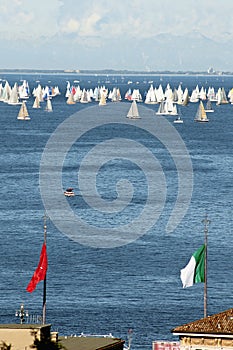 Roofs of Trieste city with the Barcolana regatta