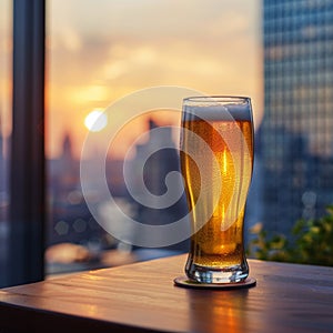 Rooftop ambiance beer glass on table with city backdrop