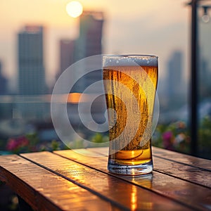 Rooftop ambiance beer glass on table with city backdrop