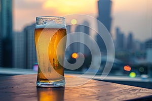 Rooftop ambiance beer glass on table with city backdrop